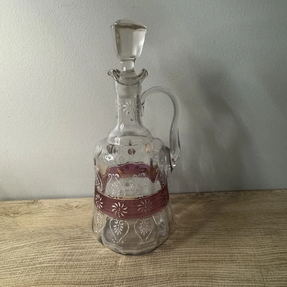Vintage Clear Glass‎ Decanter Hand Painted Floral Jug Ewer Enamel Stopper MCM